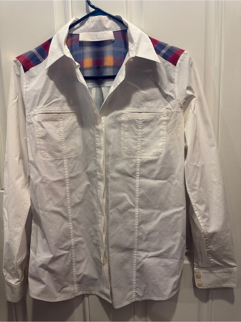 Thakoon Addition White Button-Down Shirt Multicolor Plaid Accent Back Panel Sz 2